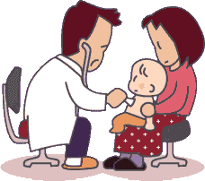 女性が抱いた幼児を診察する医師のイラスト