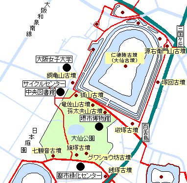 仁徳天皇陵古墳（大仙古墳）と大仙公園の地図