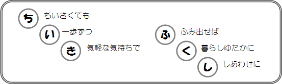 「ち」ちいさくても、「い」一歩ずつ、「き」気軽な気持ちで、「ふ」ふみ出せば、「く」暮らしゆたかに、「し」しあわせに、のイラスト