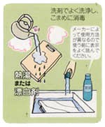 洗剤でよく洗浄し、こまめに消毒。熱湯または漂白剤で。メーカーによっては、使用方法が異なるので使う際に表示をよく読んでください。