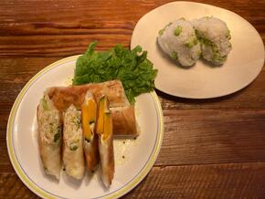 鮭缶春巻き、かぼちゃチーズ春巻き、枝豆おにぎり