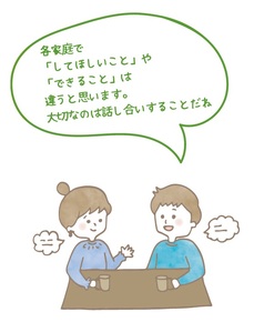 各家庭で「してほしいこと」や「できること」は違うと思います。大切なのは話し合いをすることだね