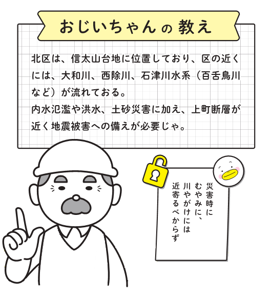 北区は、信太山新地に位置しており、区の近くには、大和川、西除川、石津川水系（百舌鳥川など）が流れておる。内水氾濫や洪水、土砂災害に加え、上町断層が近く地震災害への備えが必要じゃ。