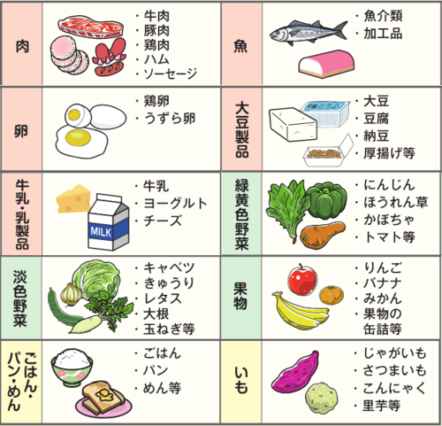 肉、魚、卵、大豆製品、牛乳・乳製品、緑黄色野菜、淡色野菜、果物、ごはん・パン・めん、いも
