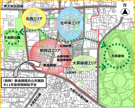 北西エリアの位置を示す画像です。北西エリアは新金岡地区の北西部に位置しています。