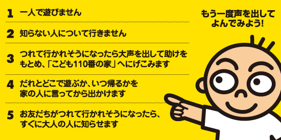 1.一人で遊びません 2.知らない人について行きません 3.つれて行かれそうになったら大声を出して助けをもとめ、「こども110番の家」へにげこみます 4.だれとどこで遊ぶか、いつ帰るかを家の人に言ってから出かけます 5.お友だちがつれて行かれそうになったら、すぐに大人の人に知らせます