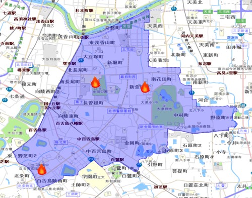 放火発生マップ　北区