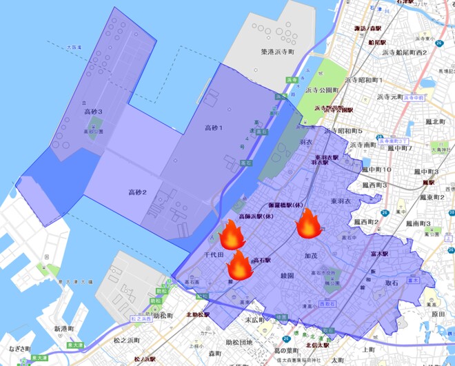 放火発生マップ　高石市