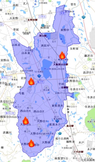 放火発生マップ　大阪狭山市