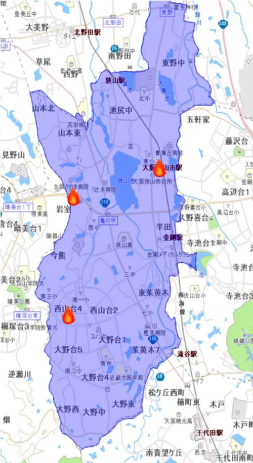放火発生マップ　大阪狭山市