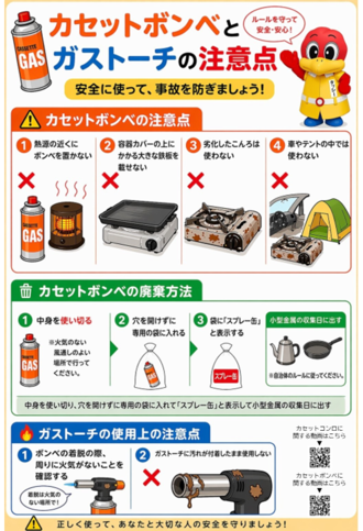 カセットコンロ及びカセットボンベの使用注意の画像