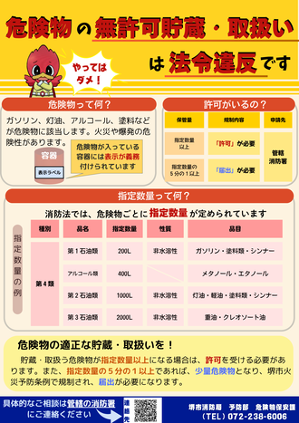 危険物の無許可貯蔵・取扱いは法令違反です
