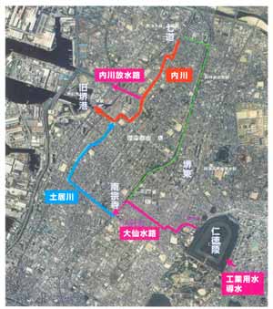 仁徳陵内川水環境再生プラン短期計画ルート図