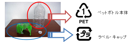 ペットボトルマークとプラスチック製容器包装のマーク別にペットボトル本体とラベル・キャップを剥がした写真