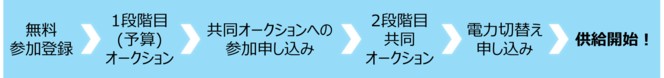 無料参加登録、1段階目予算オークション、共同オークションへの参加申し込み、2段階目共同オークション、電力切替え申し込み、供給開始