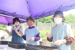 みんなで和気あいあいと種を植えています