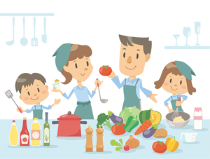 親子で料理をしているイラスト