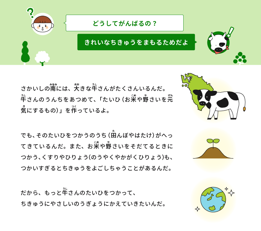 どうしてがんばるの？ きれいなちきゅうをまもるためだよ  さかいしの南には、大きな牛さんがたくさんいるんだ。 牛さんのうんちをあつめて、「たいひ（お米や野さいを元気にするもの）」を作っているよ。  でも、そのたいひをつかうのうち（田んぼやはたけ）がへってきているんだ。 また、お米や野さいをそたてるときにつかう、くすりやひりょう（のうやくやかがくひりょう）も、つかいすぎるとちきゅうをよごしちゃうことがあるんだ。  だから、もっと牛さんのたいひをつかって、ちきゅうにやさしいのうぎょうにかえていきたいんだ。