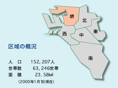 区域の概況　人口　152,207人　世帯数　63,246世帯　面積　23.58平方キロメートル （2000年1月1日現在）