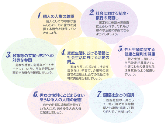 1.個人の人権の尊重　個人としての尊厳が重んじられ、その能力を発揮する機会を確保していきましょう。　2.社会における制度・慣行の見直し　固定的な役割分担意識にとらわれず、だれもが様々な活動に参画できるようにしましょう。　3.政策等の立案・決定への対等な参画　男女が社会の対等なパートナーとして、いろいろな分野に参画できる機会を確保しましょう。　4.家庭生活における活動と社会生活における活動の両立　家族が互いに協力し、社会支援をうけ、子育て、介護等の家庭での活動と社会での活動に均等に責任を分担しましょう。　5.性と生殖に関する健康と権利の尊重　性と生殖に関して、自己決定が尊重され、生涯にわたり健康な生活を営めるよう配慮しましょう。　6.男女の性別にとどまらないあらゆる人の人権の配慮　自分の性別に違和感を持っている人など、あらゆる人の人権に配慮しましょう。　7.国際社会との協調　国際社会の一員として、他の国々や国際機関とも連携・協調して取り組んでいきましょう。