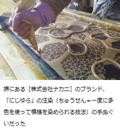 堺にある［株式会社ナカニ］のブランド、「にじゆら」の注染（ちゅうせん＝一度に多色を使って模様を染められる技法）の手ぬぐいだった