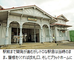 駅前の開発が進むがレトロな駅舎は当時のまま。屋根をくぐれば改札口、そしてプラットフォームに