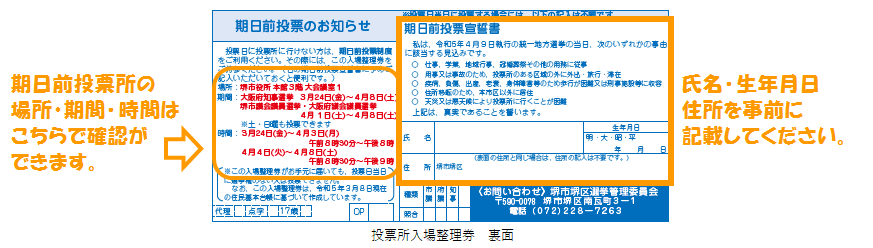 投票所入場整理券裏面の期日前投票宣誓書に氏名、生年月日、住所及び期日前投票事由等をご記入の上、期日前投票所へお持ちください。