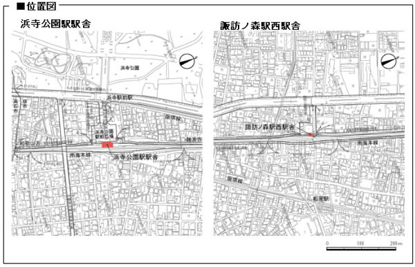 浜寺公園駅駅舎・諏訪ノ森駅西駅舎の位置図