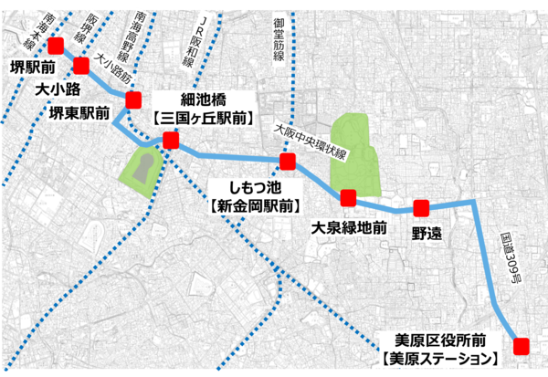 大小路筋、大阪中央環状線、国道309号を経由し、都心部と美原方面をつなぎます。