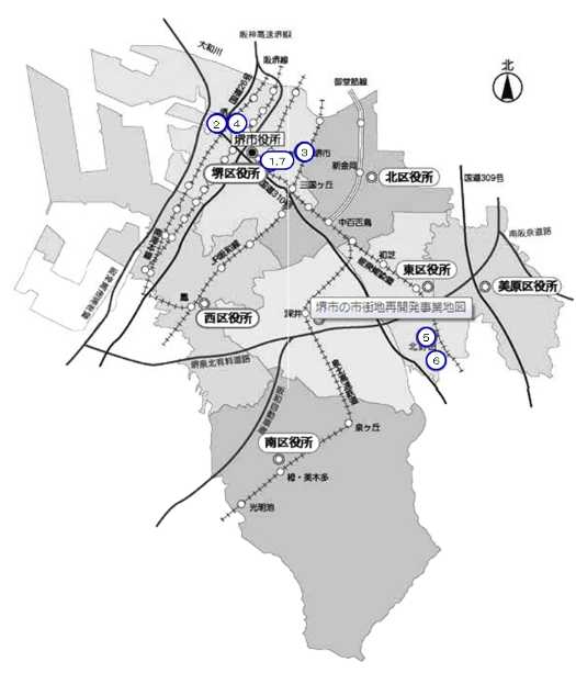 堺市の市街地再開発事業地図